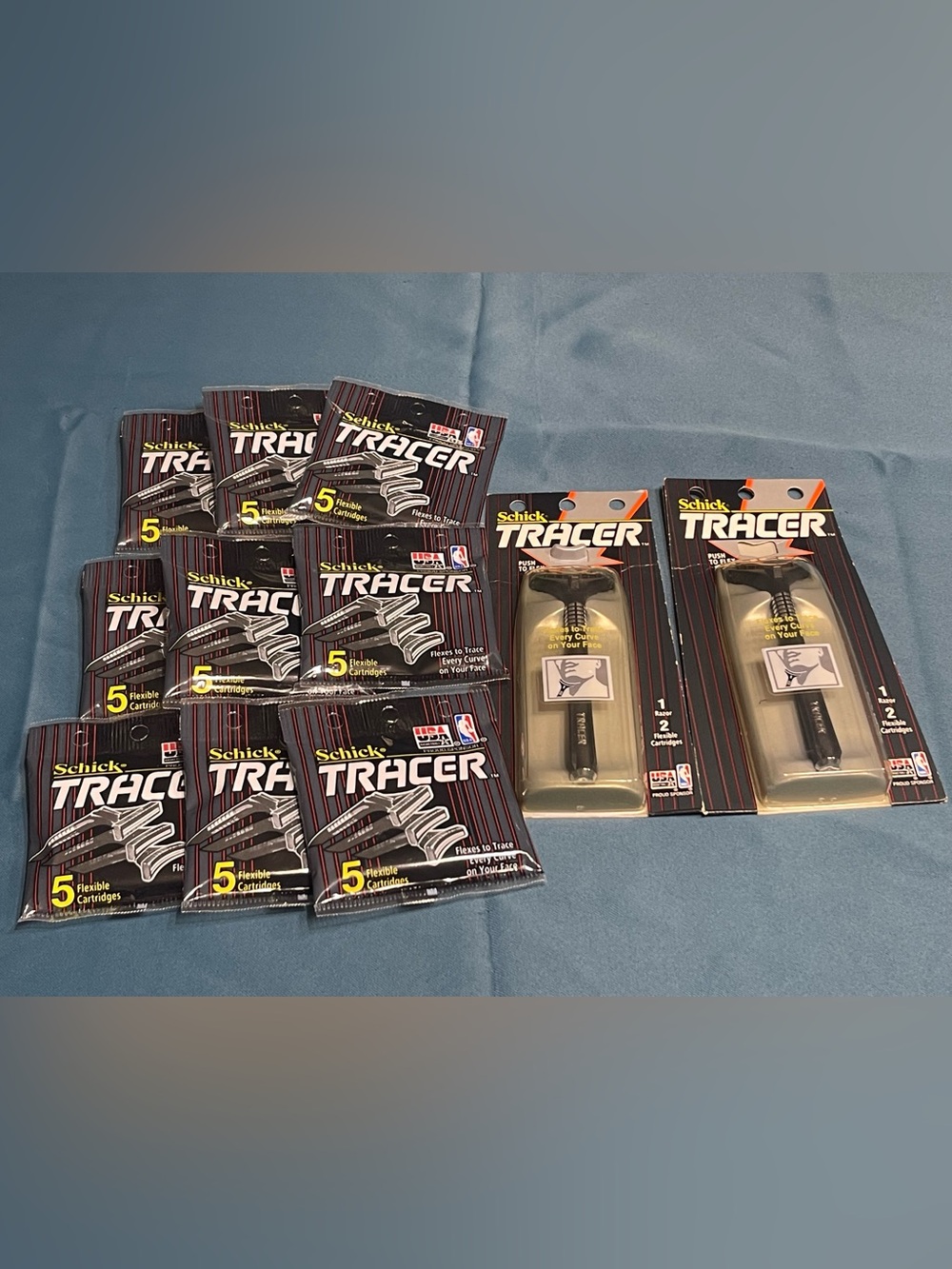 Vintage Lot Of 2 Schick Tracer Razors and 9 packs of 5 Cartridge Refills